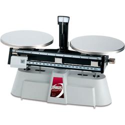 Tabletop balance scale with dual black weighing pans on a white background.